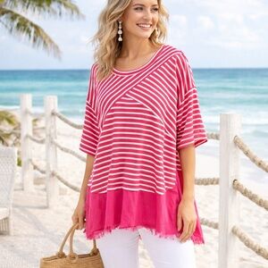 Umgee Pink Striped Frayed Hem Tunic Top Medium Boho Boutique Casual